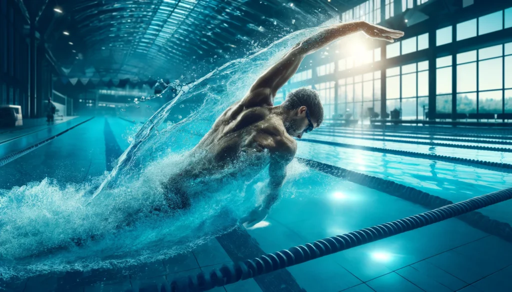 A dynamic swimming workout with an athlete performing freestyle strokes in a bright blue pool. Water splashes as the swimmer moves powerfully, showcasing endurance, heart health, and full-body engagement in a well-lit indoor aquatic center.