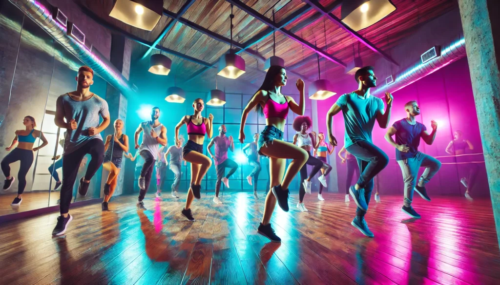 An energetic dance workout session featuring a diverse group of people performing aerobic moves in a fitness studio. Mirrored walls, wooden floors, and vibrant lighting emphasize fun, endurance, and cardiovascular health.