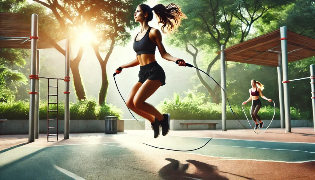A fit woman performing a high-intensity jump rope workout in an outdoor park. The setting features lush greenery, bright sunlight, and an energetic atmosphere, symbolizing endurance, coordination, and cardiovascular fitness.