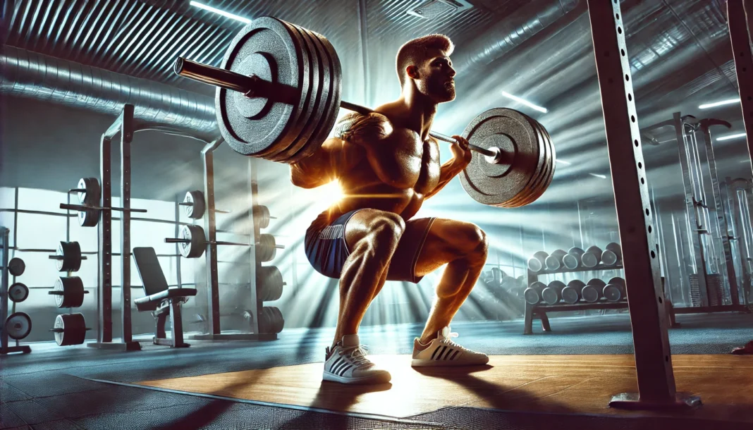 A high-energy gym scene featuring a muscular individual performing heavy barbell squats in a well-lit weightlifting area. The image represents strength-building and muscle gain through a structured bulking workout plan.