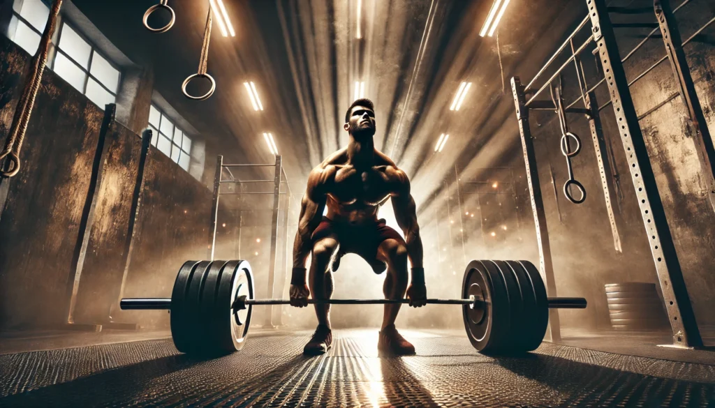 A powerful gym scene showcasing an athlete performing a deadlift with heavy weights. The gritty, industrial gym environment enhances the focus on raw strength and endurance.