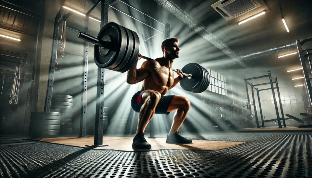 A high-intensity gym scene featuring an athlete performing a barbell squat with heavy weights. Dramatic lighting highlights the athlete’s muscular form, emphasizing strength and power.