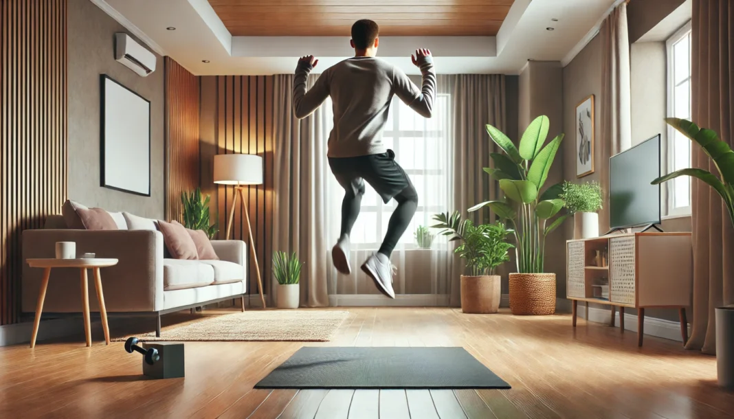 A person performing jumping jacks in a modern living room. The individual is mid-motion with arms and legs extended, engaging in a home cardio workout. The background features a cozy interior with a sofa, indoor plants, and a yoga mat on the floor.