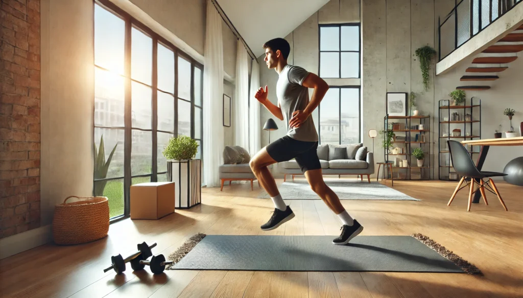 A person performing high knees exercise in a bright and spacious home workout area. Running in place, they lift their knees toward their chest while keeping an upright posture. The background includes a yoga mat, dumbbells, and large windows letting in natural light.