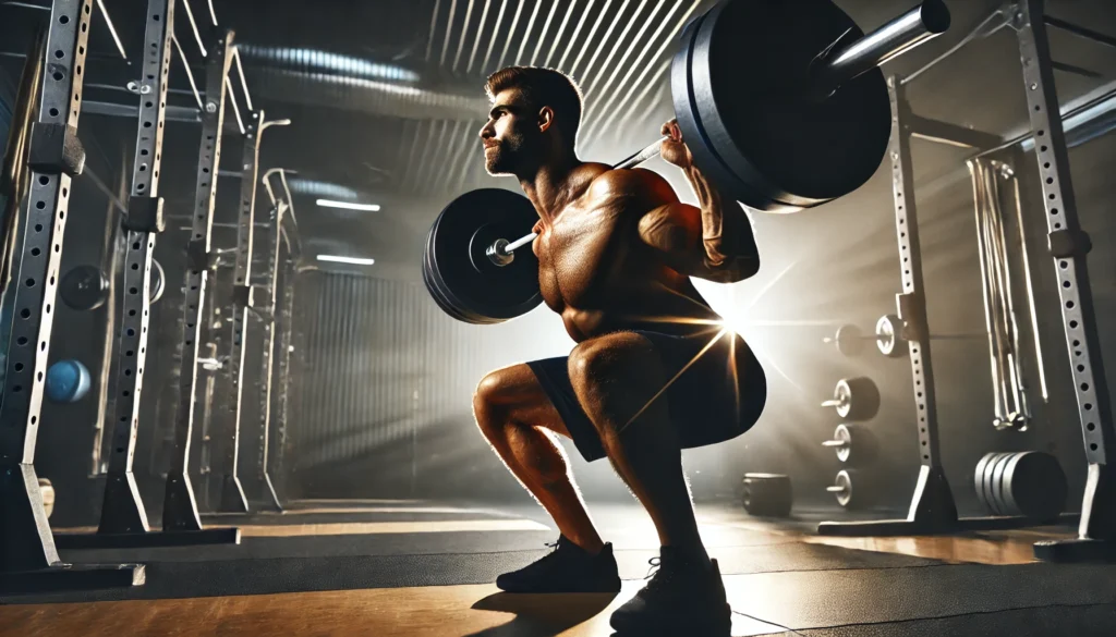 A strong athlete executing a barbell squat in a high-performance gym. The image captures peak strength, muscle engagement, and power in a professional strength training space.