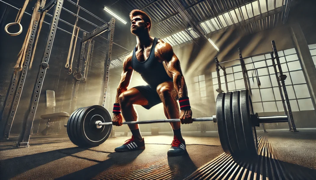 A powerful athlete performing a heavy deadlift in a professional gym. The scene highlights maximum strength, endurance, and performance with dramatic lighting emphasizing muscle definition.