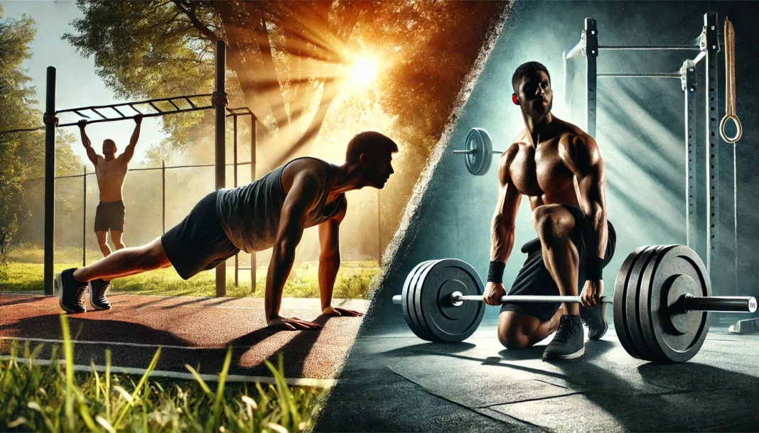 A split-screen comparison of fitness routines; on the left, a man performs push-ups in an outdoor park, while on the right, a muscular man lifts a barbell in a well-lit gym, illustrating the contrast between bodyweight exercises and weight training.