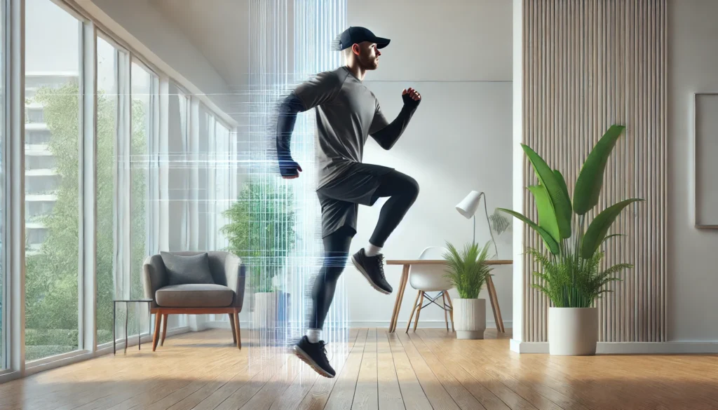 An energetic workout scene featuring an athlete doing jumping jacks in a bright, modern home setting. The movement highlights a quick and effective cardio exercise for full-body engagement.