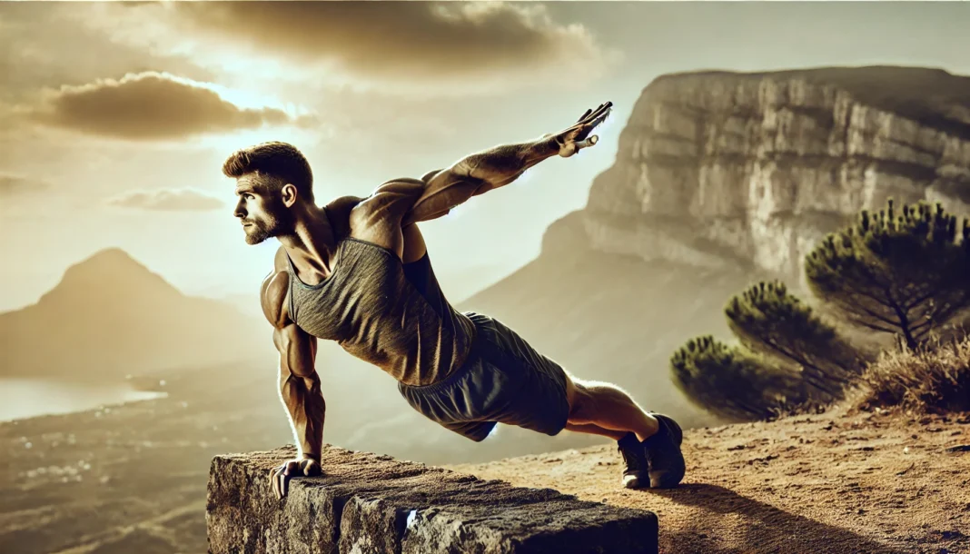 A highly fit male athlete performing a one-arm push-up on a rugged outdoor surface, showcasing immense upper body strength and balance. The scenic natural landscape in the background adds a raw and powerful aesthetic to the image.
