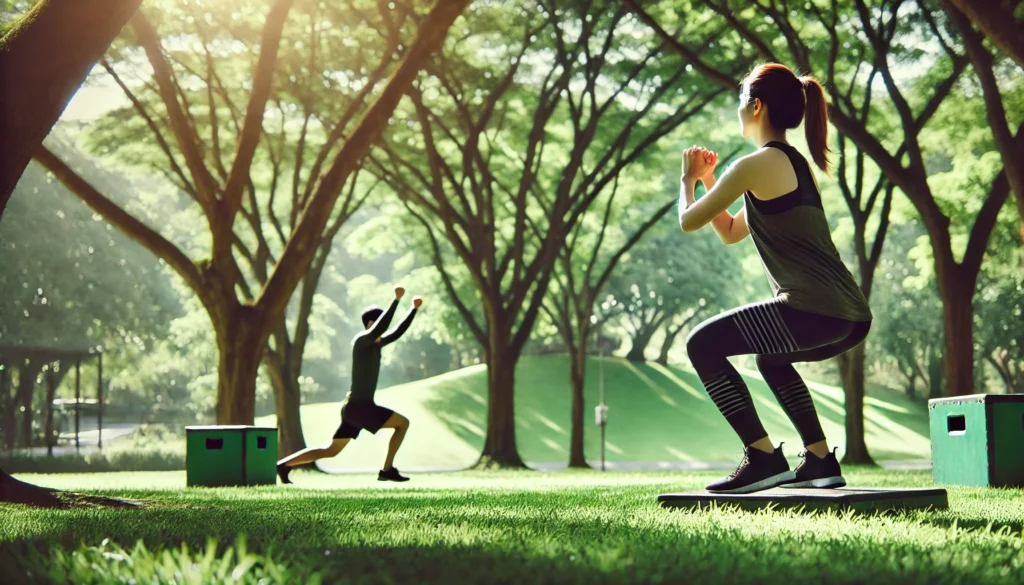 A fit woman performs bodyweight squats in a lush outdoor park, surrounded by trees, while another person in the background does lunges, highlighting the simplicity and accessibility of bodyweight training.