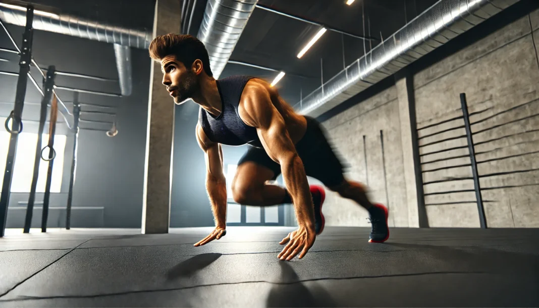 A fit athlete performing a high-intensity burpee in a sleek, modern gym. The motion is captured mid-action, emphasizing speed, power, and efficiency in a fast-paced workout.