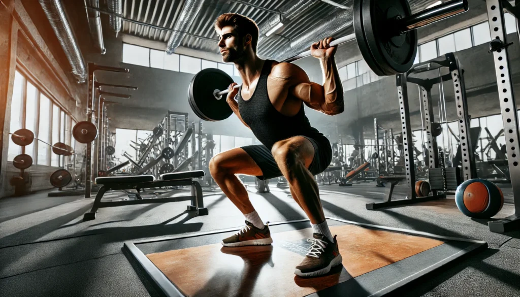 A professional gym environment with a dedicated weightlifter performing a deep squat with a barbell on his shoulders, emphasizing strength training with racks, benches, and weight plates in the background.