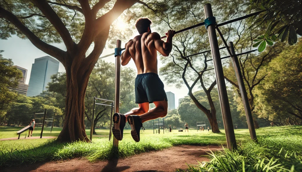 An outdoor calisthenics workout in a scenic urban park, featuring a shirtless athlete executing pull-ups on a sturdy bar, with a backdrop of greenery and city buildings.