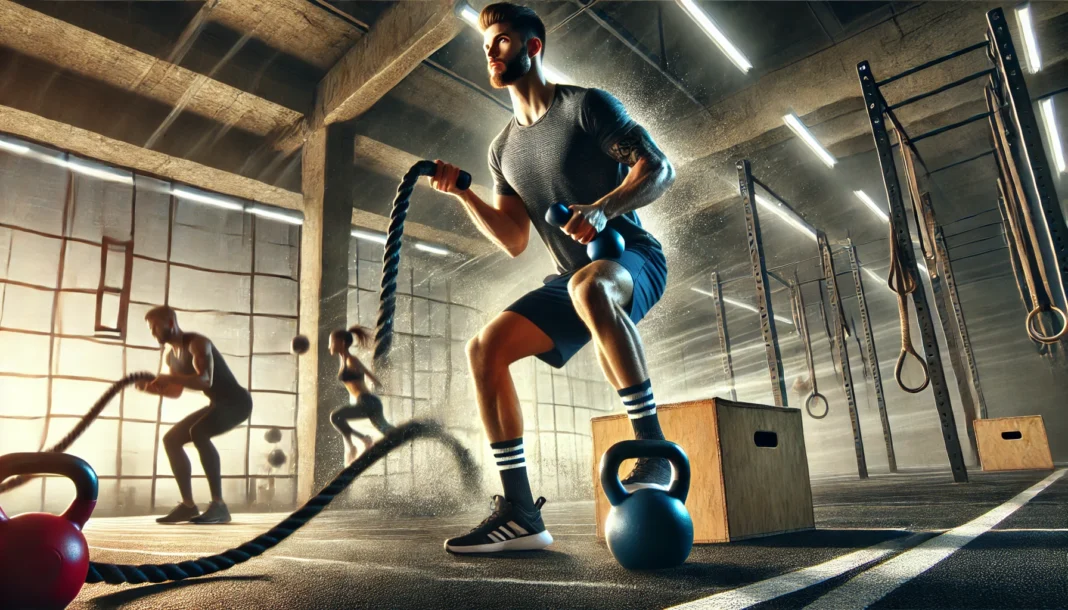 A high-energy gym workout scene with a muscular man performing battle rope exercises and holding dumbbells, surrounded by other athletes engaging in functional strength training with kettlebells and plyometric boxes.