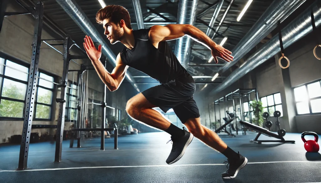 A focused athlete executing lateral bounds in a professional training space. The dynamic movement highlights speed, agility, balance, and coordination in plyometric training.