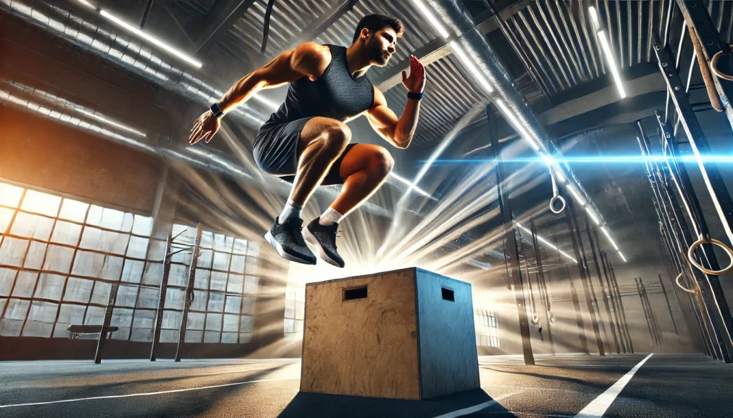 A powerful athlete performing a box jump in a high-energy gym environment. The mid-air motion captures explosive power, agility, and lower body strength with dynamic lighting.