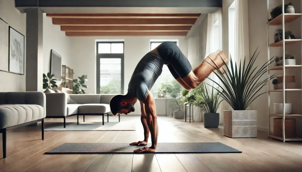 A focused athlete performing a bridge exercise on a yoga mat in a modern home setting. The movement strengthens the lower back and core, with a clean and spacious background.