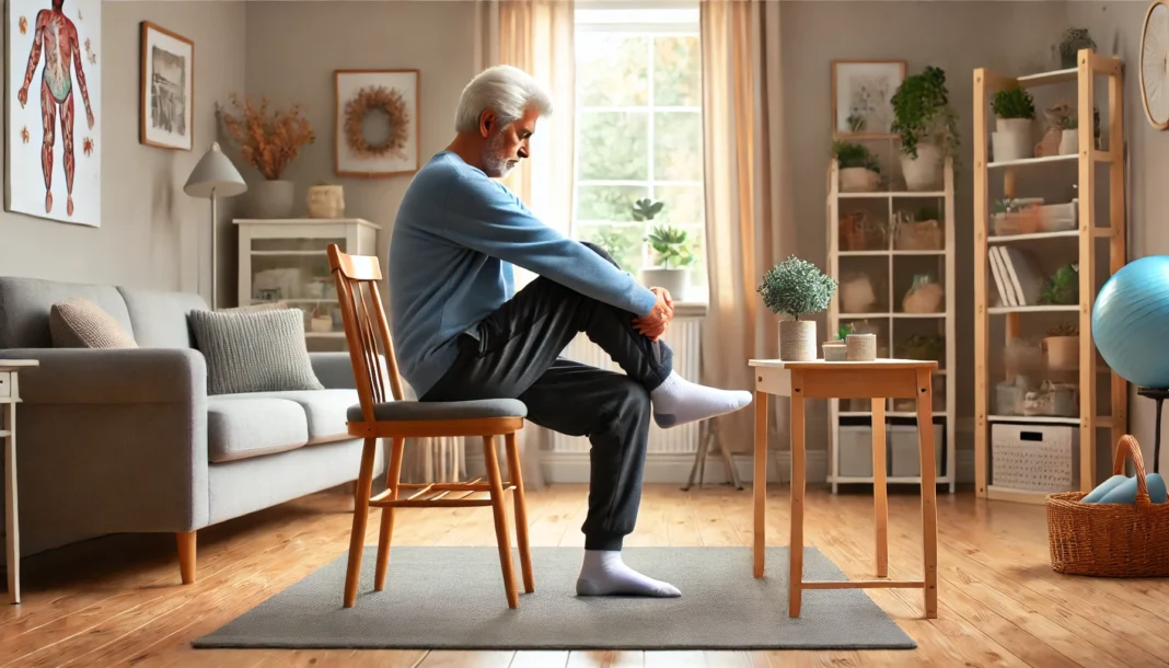 An elderly person performing a seated knee-to-chest stretch in a bright and comfortable home setting. Sitting on a sturdy chair, they gently pull one knee toward their chest while keeping their back straight. The background features a cozy living room with a soft rug, a small table, and indoor plants.