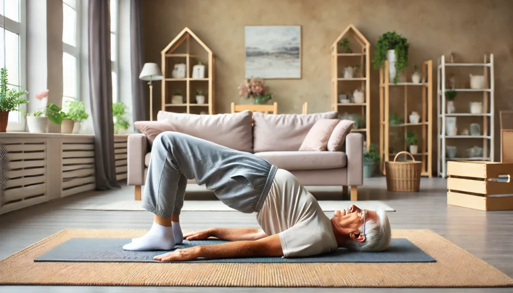 An elderly person performing a gentle bridge exercise on a yoga mat in a cozy home setting. Lying on their back with knees bent and feet flat, they lift their hips slightly, engaging their lower back and core muscles. The background features a peaceful interior with a soft carpet, a bookshelf, and indoor plants.