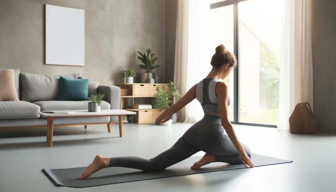 A fit individual performing a cat-cow stretch on a yoga mat in a bright and serene home setting. The movement emphasizes spinal flexibility and lower back relief.