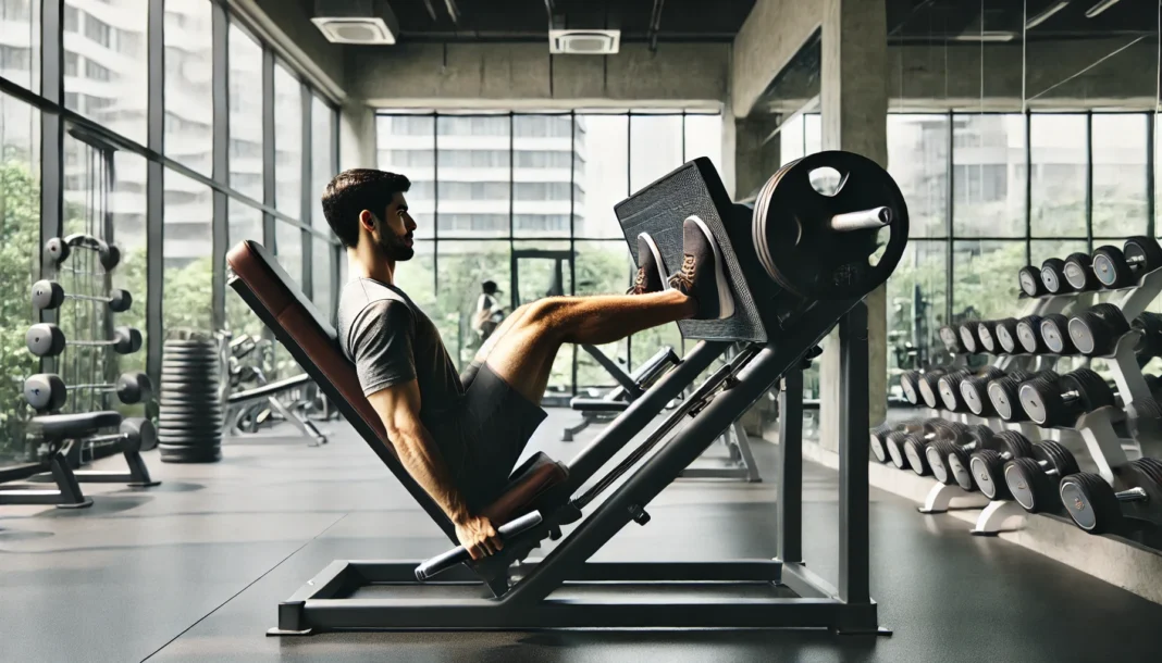 A person using a leg press machine in a modern gym. Seated, they press a weighted platform away using their legs while engaging their quadriceps and glutes. The background features gym mirrors, weight racks, and a clean fitness environment.