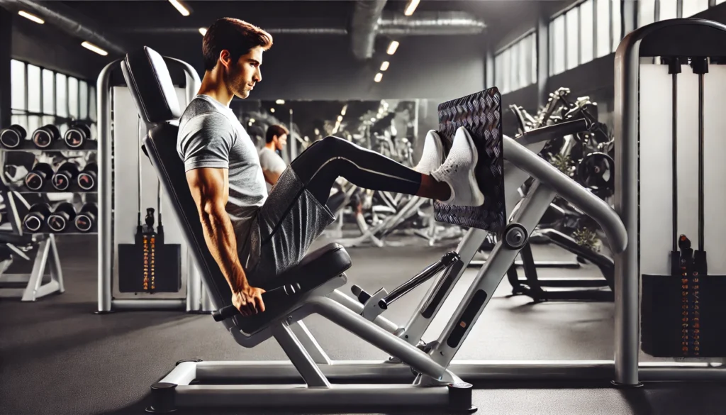 A person performing a leg curl exercise on a seated leg curl machine in a professional gym. Sitting with legs positioned under padded rollers, they engage their hamstrings as they curl the weight. The background includes workout machines, mirrors, and gym equipment.