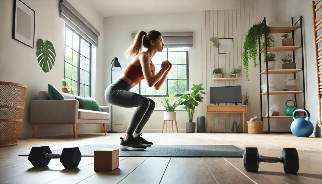 A person performing a burpee in a spacious home workout area. Mid-motion, they transition from a squat to a jump, engaging their full body for cardio and strength. The background features a yoga mat, dumbbells, and indoor plants in a bright, well-lit space.