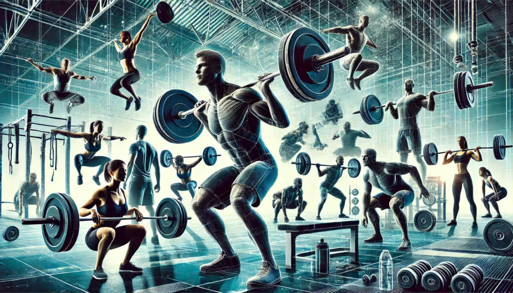 A high-energy gym environment featuring multiple individuals performing various strength training exercises, including squats, deadlifts, bench presses, and pull-ups. The image represents a diverse collection of essential workout moves for strength and performance.