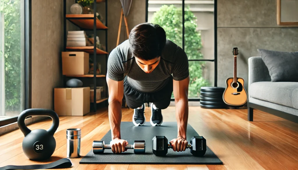 A person performing a plank-to-row exercise using dumbbells in a home gym. Holding a plank position, they lift one dumbbell toward their torso while engaging core and back muscles. The background includes a clean and organized workout space with a yoga mat, kettlebells, and a resistance band.