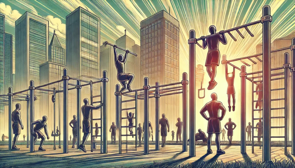 An outdoor fitness park scene with people using parallel bars and pull-up stations to perform calisthenics exercises like dips, muscle-ups, and hanging leg raises. The image represents functional strength training with bodyweight movements.