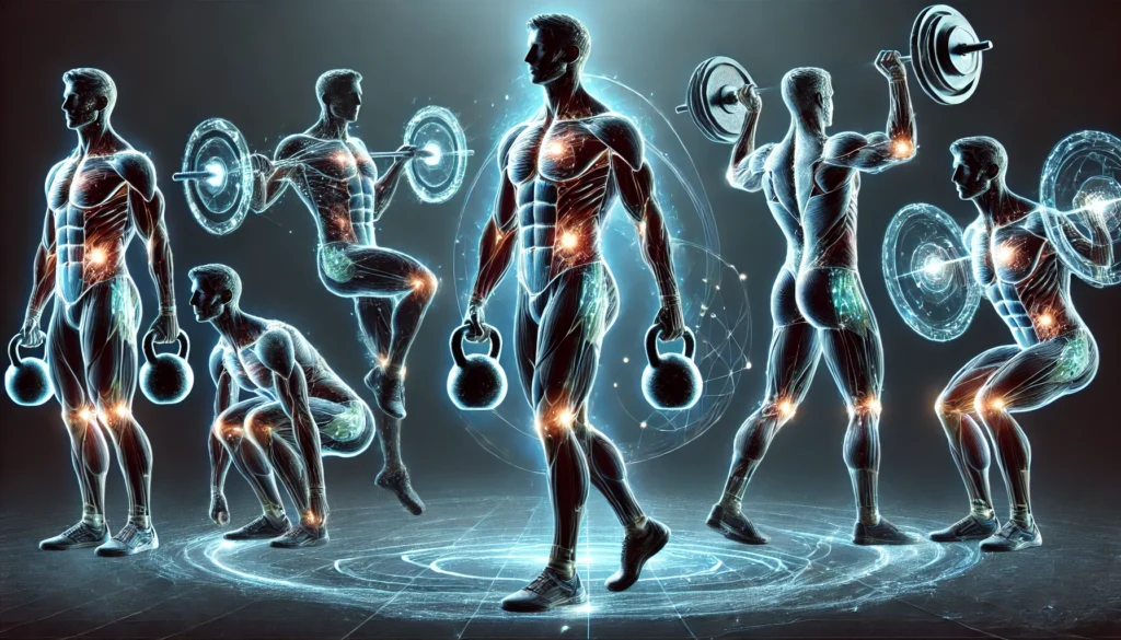 A futuristic digital visualization of a human figure demonstrating various workout exercises, including kettlebell swings, deadlifts, and shoulder presses, with glowing energy trails highlighting muscle engagement. The image symbolizes strength and performance through effective training strategies.