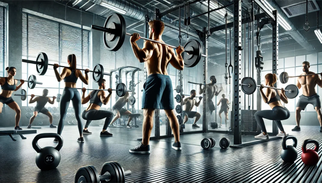 A well-equipped gym environment featuring individuals performing a variety of classic strength training exercises, including barbell squats, overhead presses, cable rows, and kettlebell swings. The image highlights a comprehensive workout routine for full-body strength and performance.