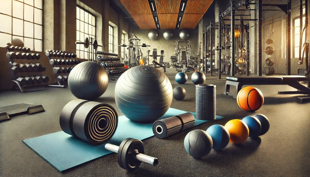 A gym setup featuring essential core training equipment, including stability balls, medicine balls, and ab rollers, in a well-lit and organized workout space.