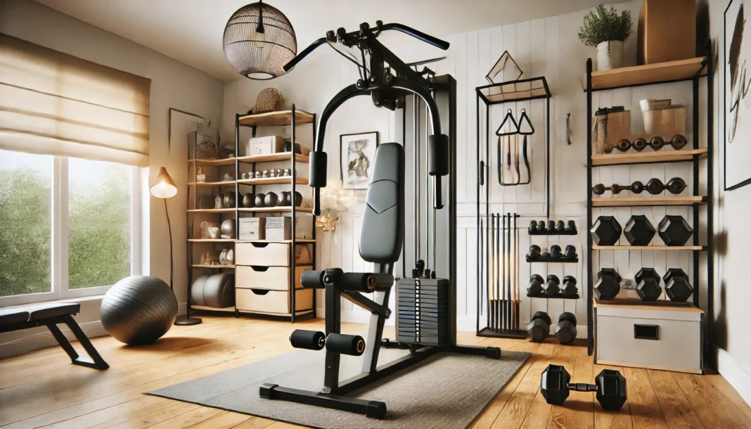 A modern home gym setup featuring an all-in-one fitness machine with multiple attachments for strength training and full-body workouts, in a well-lit and organized space.