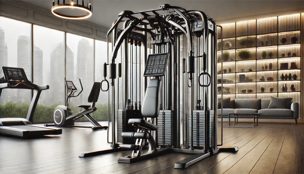 A high-tech all-in-one home gym machine with multiple workout stations for strength training, cardio, and resistance exercises, set in a stylish and compact home gym.