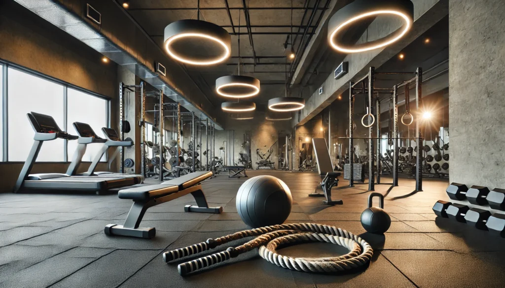 A modern gym with a focus on core training equipment, featuring battle ropes, weighted medicine balls, and an adjustable decline bench for sit-ups in a professional workout environment.