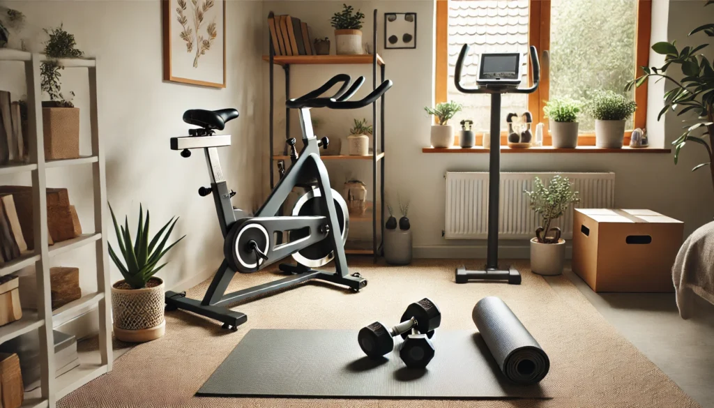 A minimalist home gym setup with a stationary bike, a yoga mat, and light dumbbells, creating a cozy and inviting space with natural lighting and a clean aesthetic.