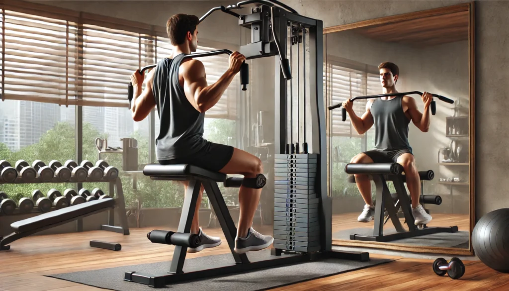 A person actively using an all-in-one home gym machine, performing strength exercises like lat pulldowns and leg presses in a well-equipped fitness space with weights and mirrors.