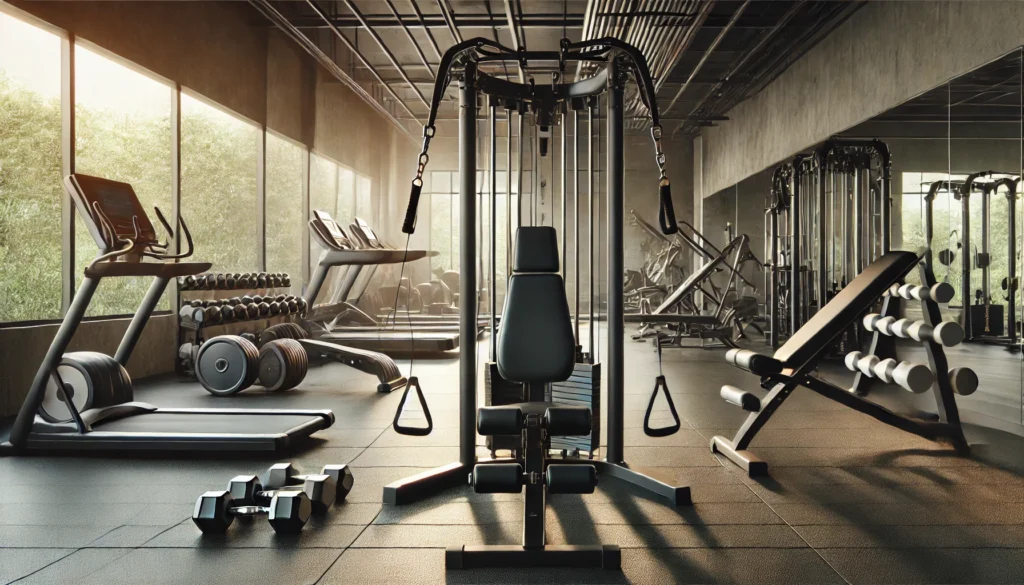 A gym environment showcasing core-strengthening equipment, including a Roman chair, cable machines for core rotations, and weighted planks, in a professional and well-lit fitness space.