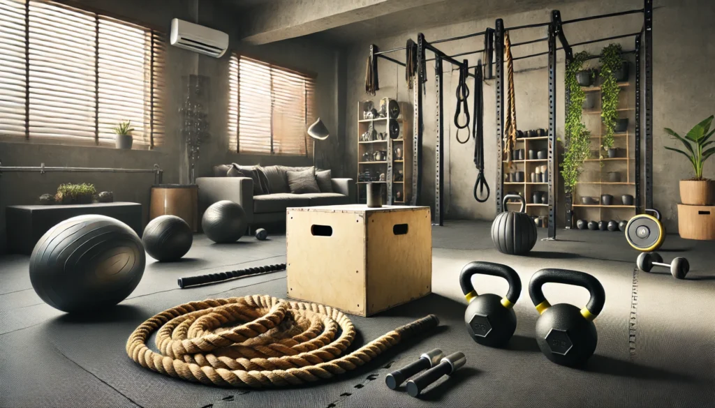 A home gym setup optimized for high-intensity interval training (HIIT), featuring battle ropes, a plyometric box, kettlebells, and a jump rope, designed for functional and explosive workouts.
