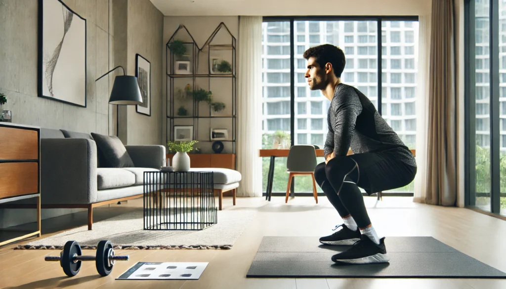 A home workout scene featuring an athlete executing a bodyweight squat in a spacious, well-lit living room. The exercise highlights lower body strength and endurance.