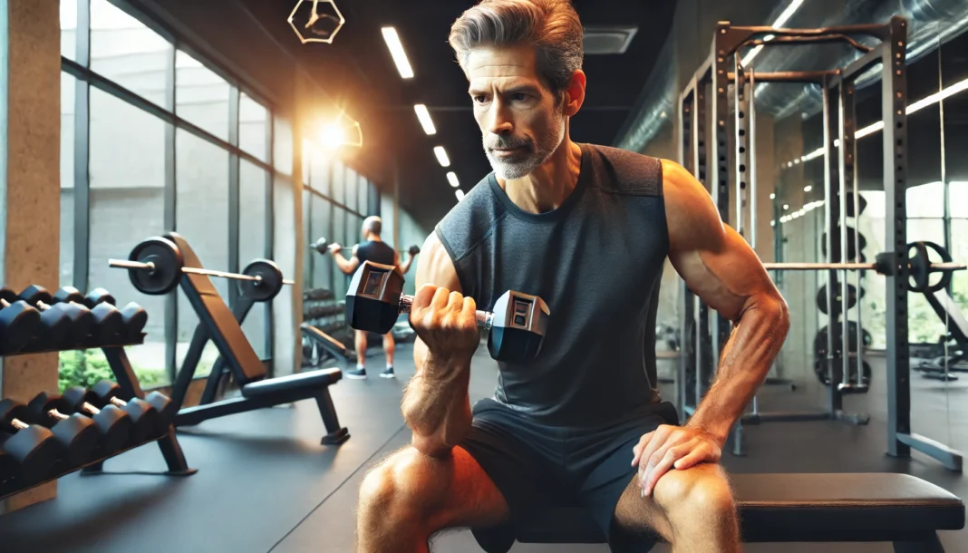 A fit and strong middle-aged man performing resistance training with dumbbells in a well-equipped gym. The image represents a workout routine optimized for men over 40, focusing on strength, longevity, and functional fitness.