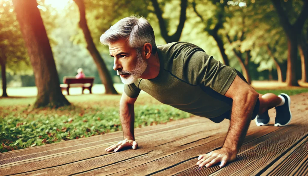 A middle-aged man doing bodyweight exercises such as push-ups and planks in an outdoor park, surrounded by nature. The image highlights functional strength training for longevity and overall fitness in men over 40.