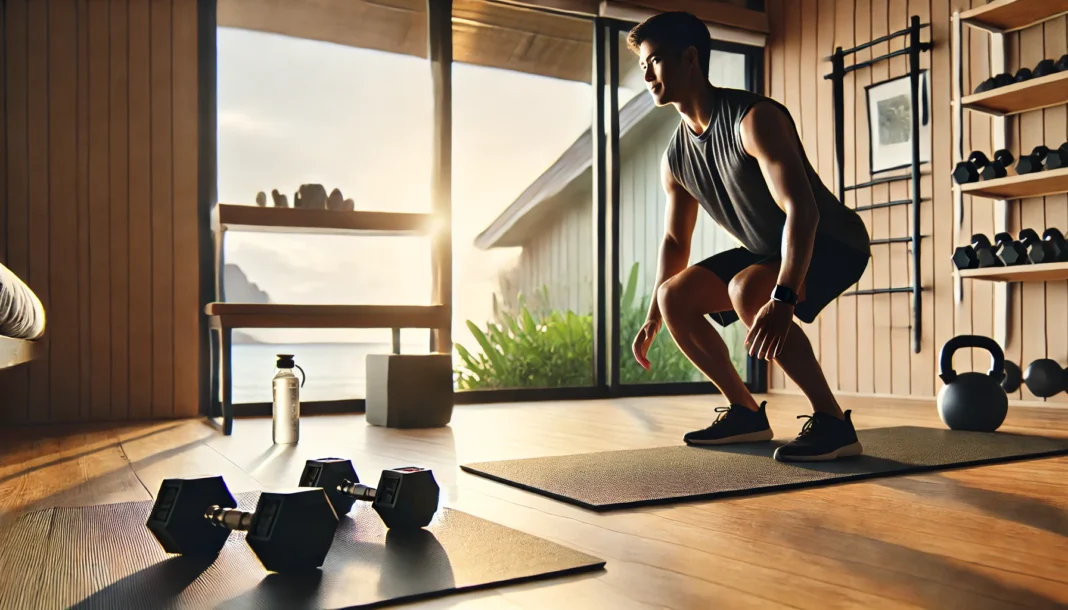 A fit individual performing bodyweight squats and push-ups in a minimalist home gym. The setting includes a yoga mat on a wooden floor with natural light streaming through a window. The home gym features a few dumbbells, a resistance band, and a water bottle, creating an inspiring and practical workout space.