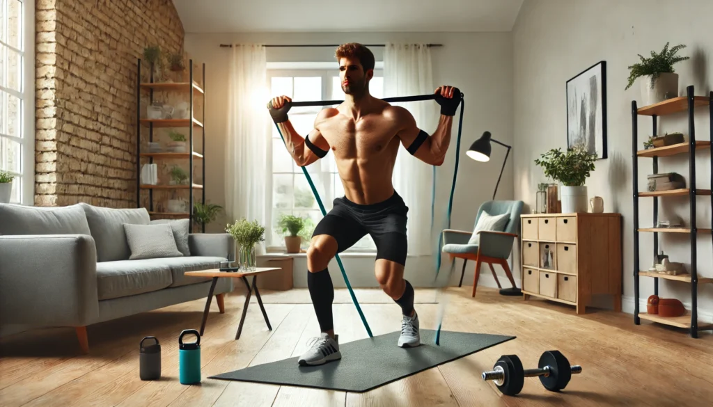 A fit individual performing a home strength workout using resistance bands. The person is doing resistance band shoulder presses in a well-lit living room. The room has a yoga mat, a small set of dumbbells, and an open space for movement, creating a motivating and functional home workout environment.