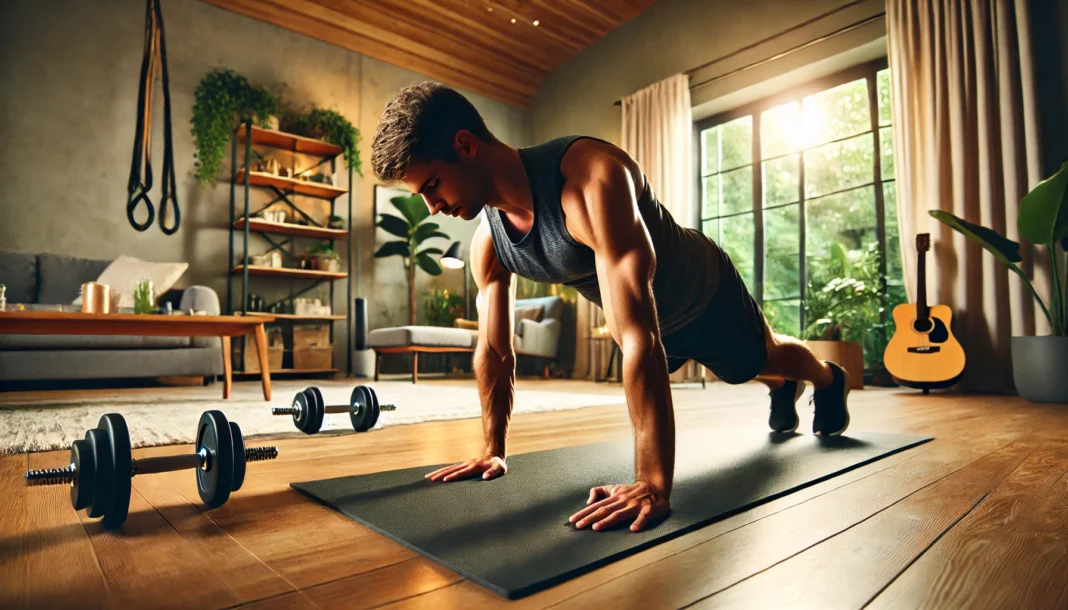 A person performing push-ups on a yoga mat in a well-lit indoor workout space. Positioned in a strong plank, they engage their chest, shoulders, and core for bodyweight strength training. The background features a cozy home gym with dumbbells, resistance bands, and indoor plants.