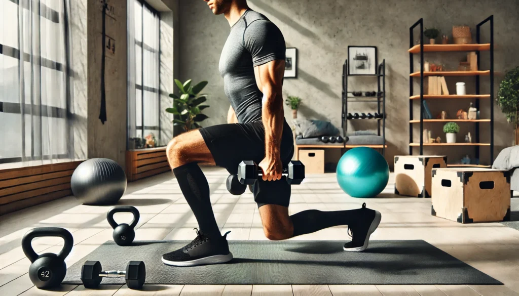 A person performing dumbbell lunges in a spacious indoor workout area. Holding a pair of dumbbells, they step forward into a deep lunge while engaging their legs and core for strength training. The background includes home gym equipment such as a kettlebell, stability ball, and resistance bands.