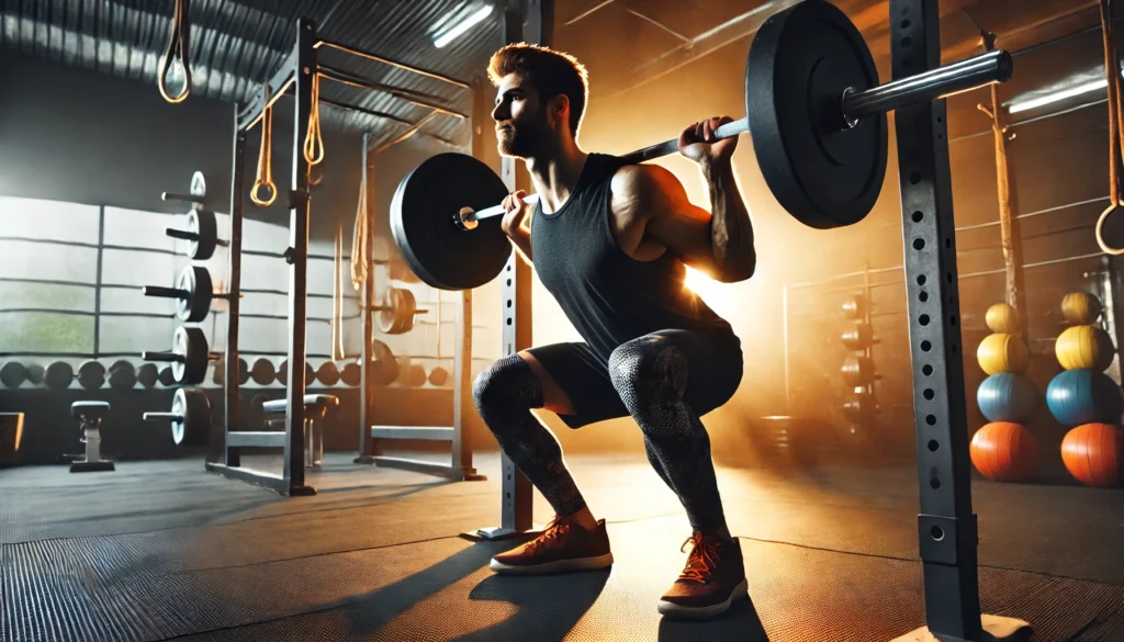 A dedicated athlete executing a barbell squat in a modern gym. The powerful movement highlights lower body strength, muscle development, and endurance in a well-equipped training space.