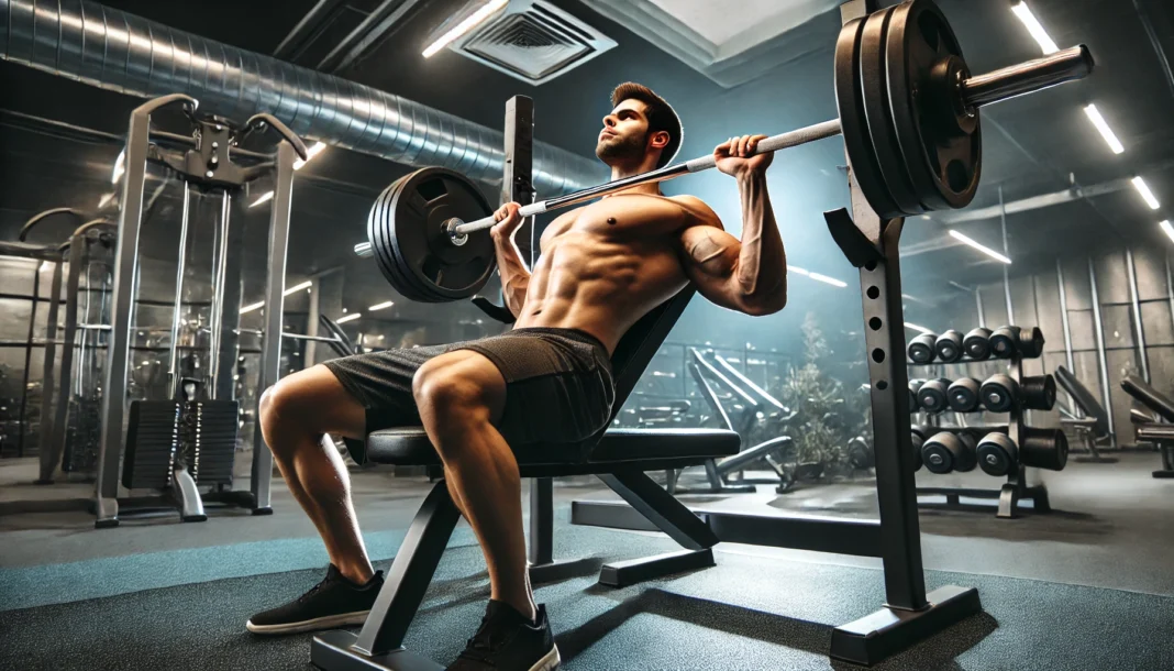 A muscular athlete performing a bench press with heavy weights in a professional gym. The scene captures upper body strength, muscle growth, and endurance with strong lighting.