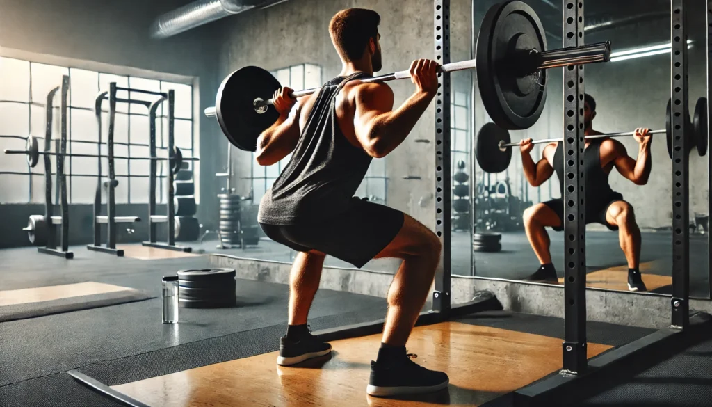 A person performing a barbell squat in a spacious gym. They are lowering into a deep squat while holding a barbell across their upper back, engaging their leg and core muscles. The background includes gym mirrors, squat racks, and weightlifting platforms.